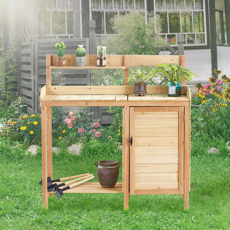 Table de rempotage d'extérieur en bois avec évier, banc de travail de table de jardin avec rangement, poste de travail pour pelouse extérieure