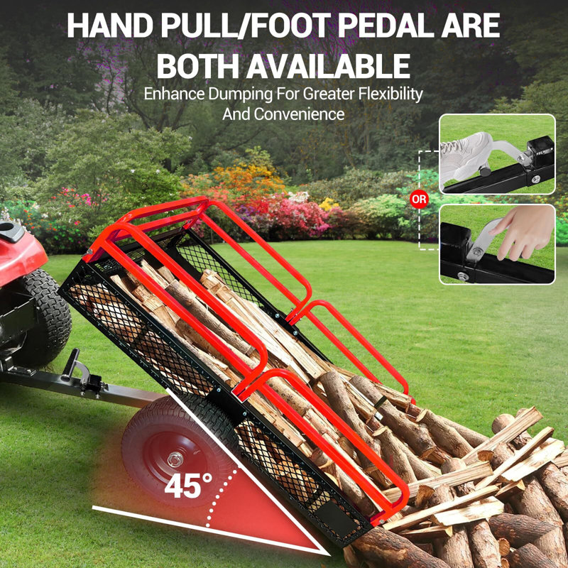 Remorque utilitaire de jardin en acier avec chariot à benne basculante robuste de 15 pieds cubes avec côtés amovibles et chariot à benne à pédale pour VTT UTV - rouge