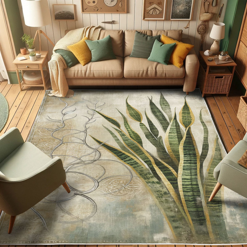 Botanical Green Beige Synthetic Easy Care Area Rug 2' 5" x 5'
