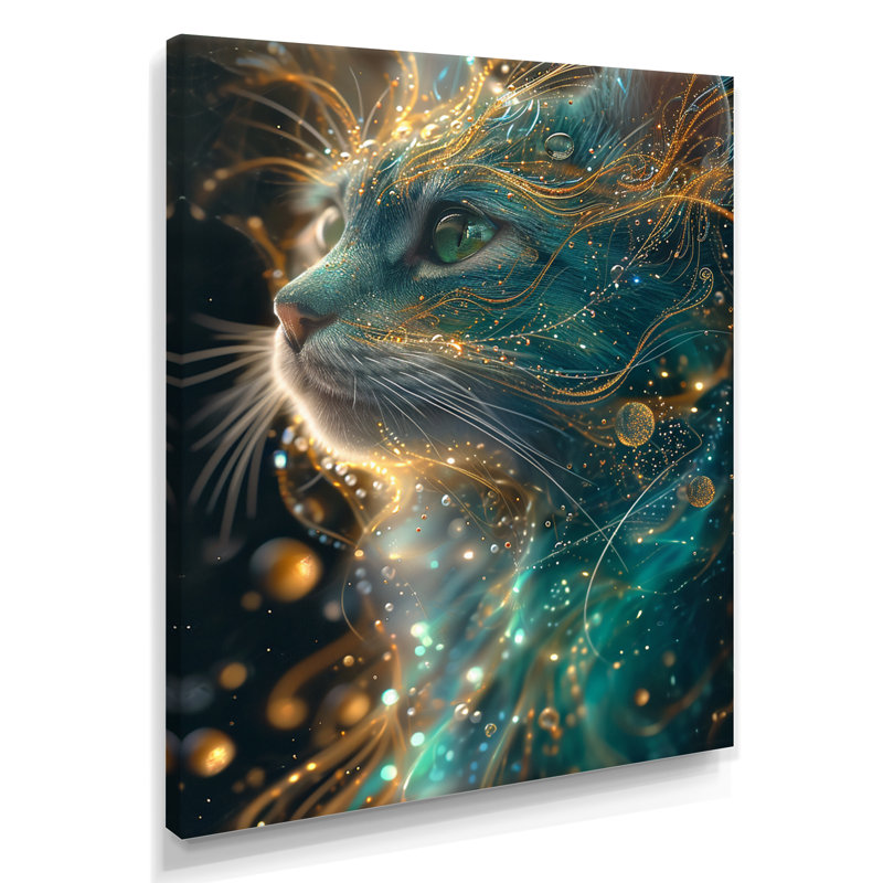 Astral Purr Turquoise Galactic Cat - Art mural chat, H 44 po x l 34 po x P 1,5 po, Toile tendue