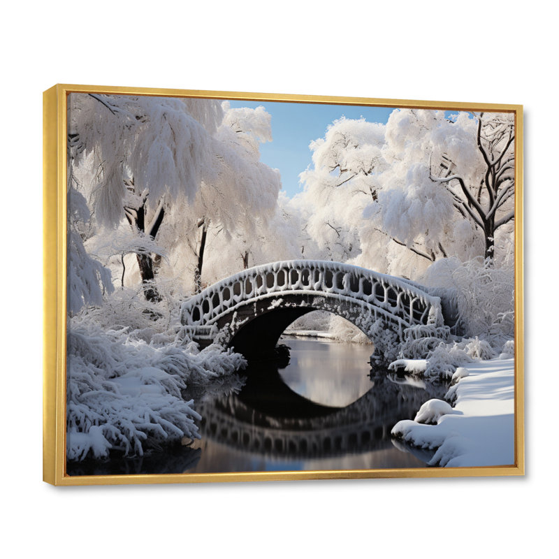 Winter Landscape Snowy Bridges II, reproduction d'art sur toile, Cadre flottant doré, H 30 po x l 40 po x P 1,5 po