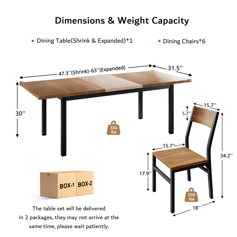 Ensemble de table de salle à manger 7 pièces Einhomn avec 6 chaises, ensemble de table de cuisine extensible de 63 po pour 4 à 6 personnes, table de salle à manger avec structure en métal et panneau de fibres à densité moyenne, parfait pour les petits appartements et facile à nettoyer