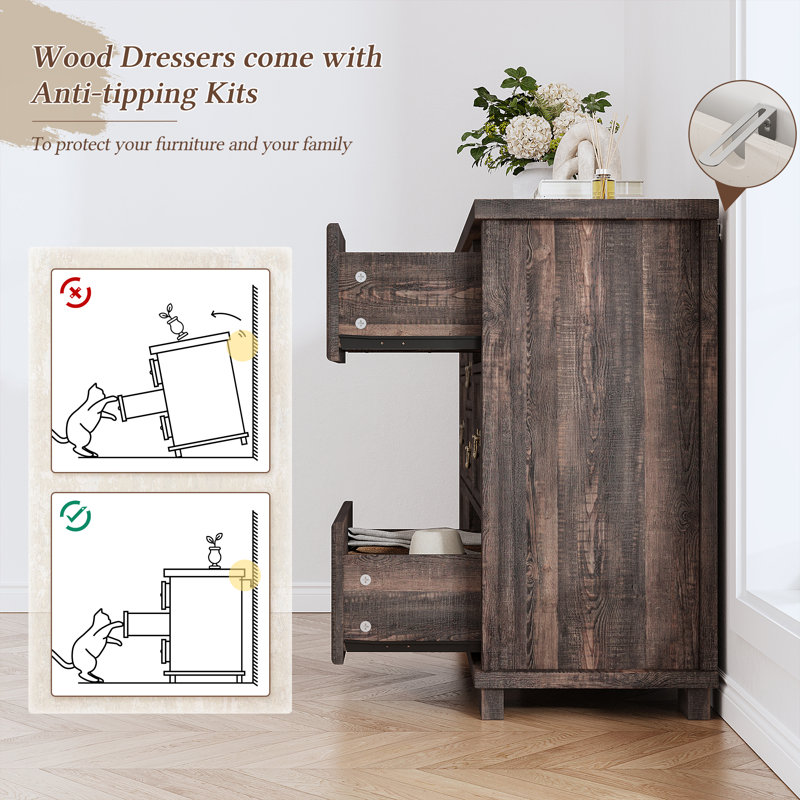 Dark Rustic Oak 9-Drawer Antique Wood Dresser with Metal Handles