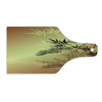 Ambesonne Japanese Tempered Glass Cutting Board Folk Sunset Ethnic Branch Sepia Black