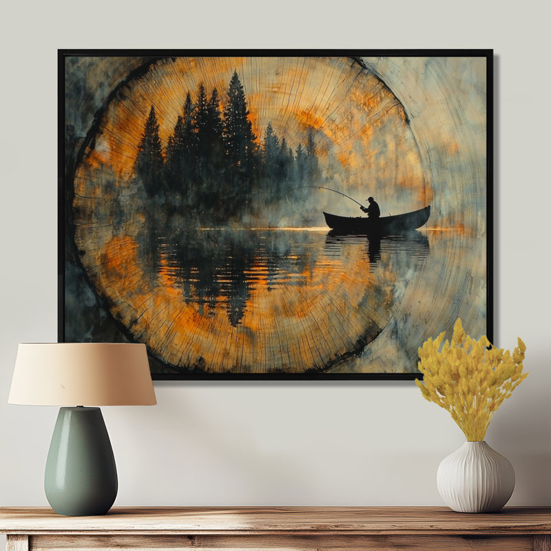 Giaan, pêche, tranquillité, rivière, paysage, bateau, pêche, art mural, H 30 po x l 40 po, Black