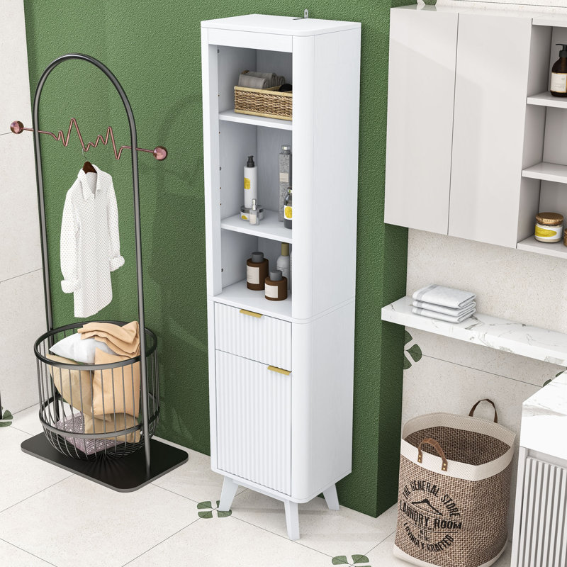 Grande armoire de rangement autoportante pour salle de bain avec tablettes réglables, conception anti-basculement et tiroir cannelé