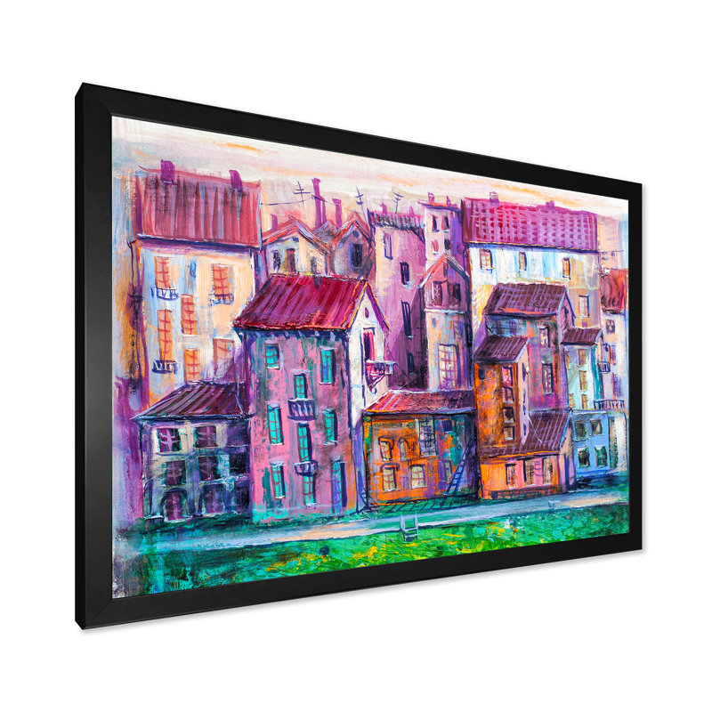 Street with Colorful Old Homes - Peinture sur toile, H 16 po x l 32 po x p 1 po, Cadre photo noir