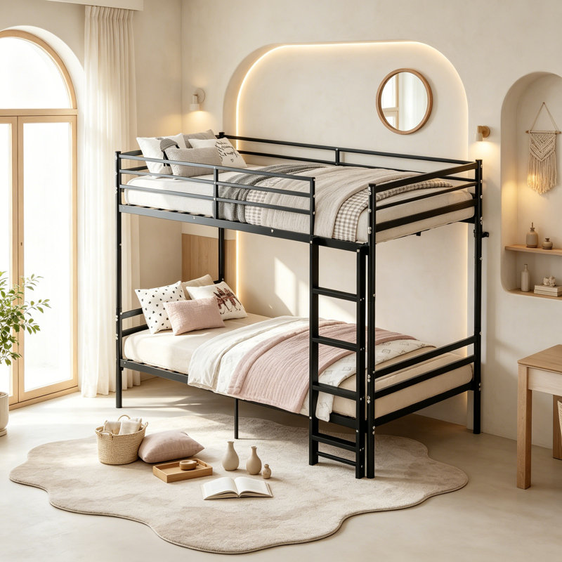 Lit superposé convertible avec espace de rangement sous le lit et garde-corps de sécurité, lit superposé en métal robuste pour enfants adolescents, aucun sommier nécessaire, taille simple sur simple, noir