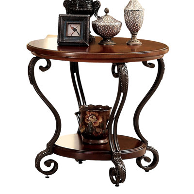Brown Cherry End Table With Ornate Lines And Open Bottom Shelf For Living Room In Traditional Flair