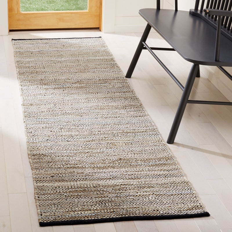 Exley Vintage Leather Hand Woven Leather/Cotton Solid Color Rug in Beige, Runner 2'3" x 9'