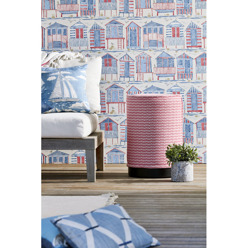 Beach Huts 10.05m x 68.6cm Matte Wallpaper Roll, Blue/Red