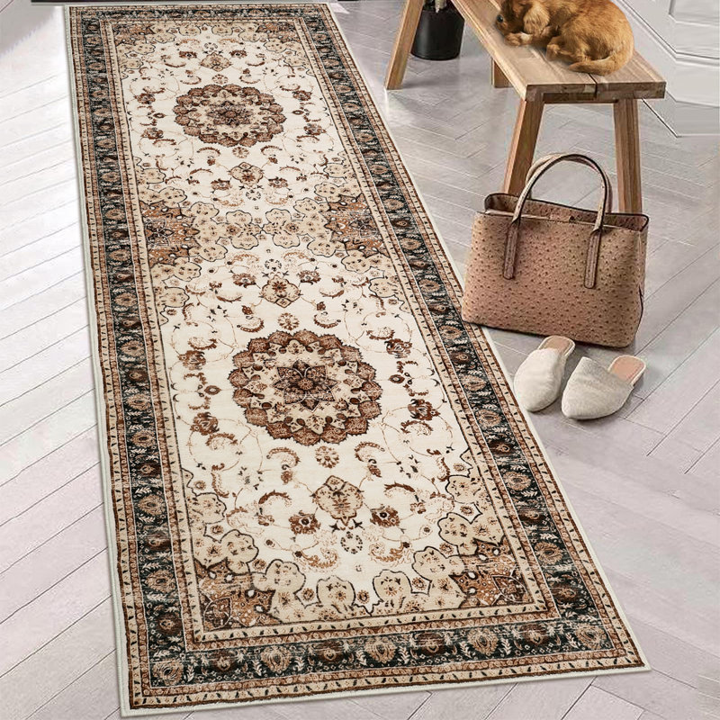 Washable Area Rug, Vintage Medallion Low Pile Non Slip Foldable Indoor Carpet, TPR Backing, Natural Tone, 2'x6', Brown