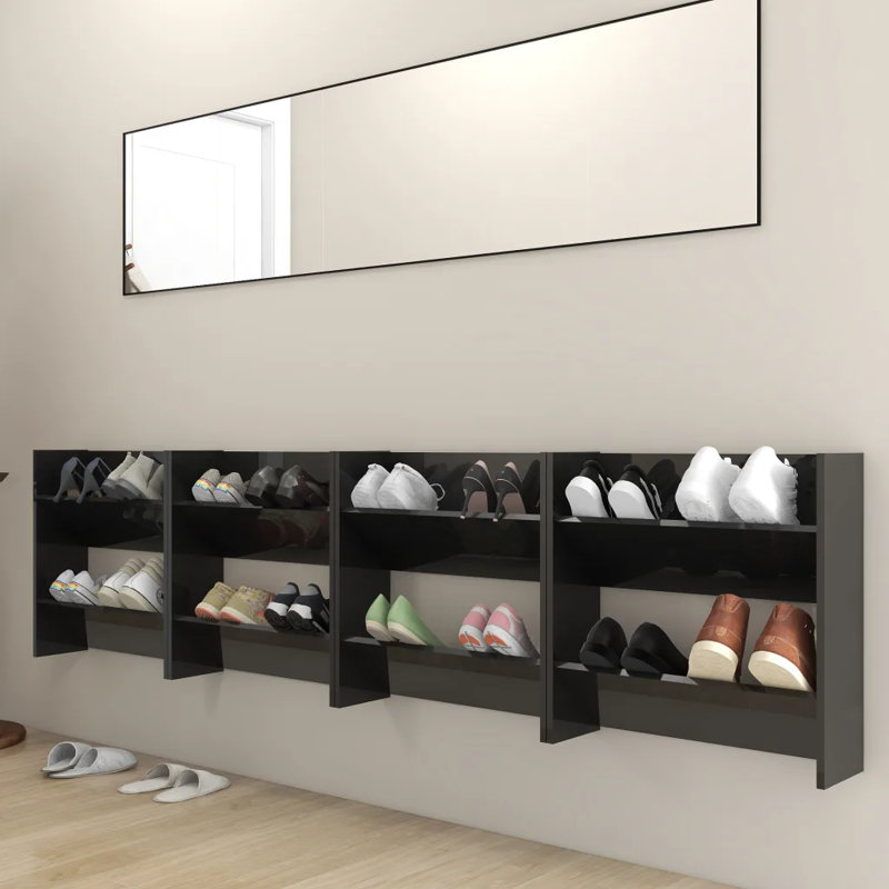 vidaXL 1/2x Wall Shoe Cabinets Chipboard Organizer Rack Shelf Furniture, High Gloss Black, 23.6" H x 23.6" W x 7.1" D, 2