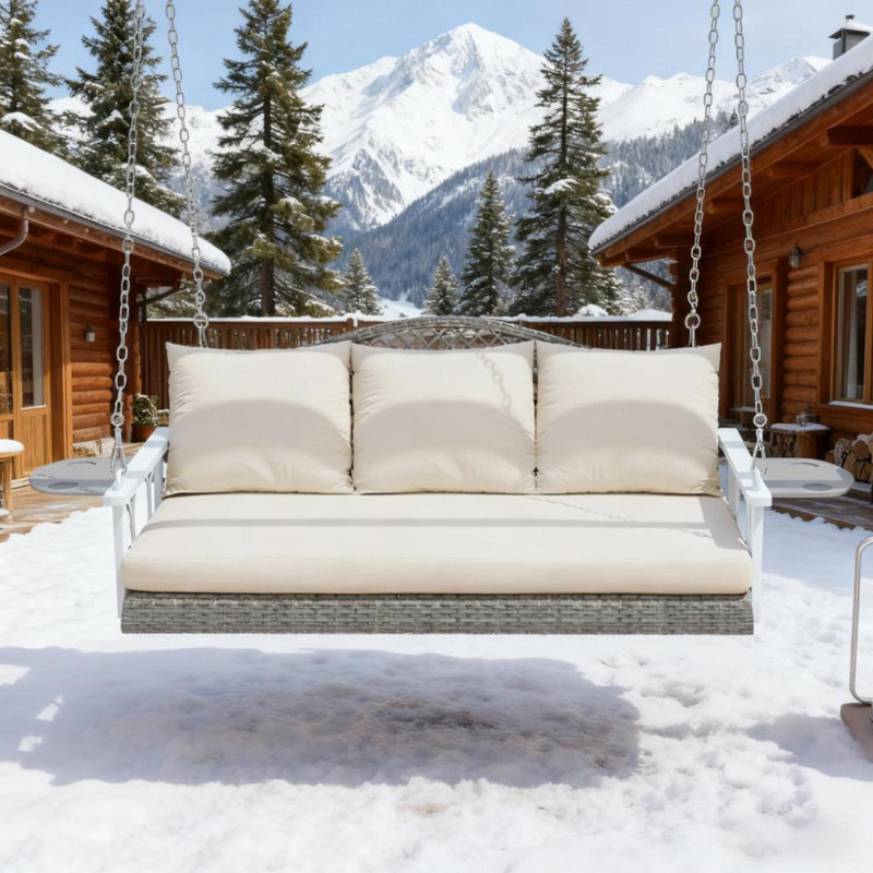 Balancelle d'extérieur pour terrasse avec porte-gobelets et coussins suspendus en osier pour 3 personnes, Gris / Blanc