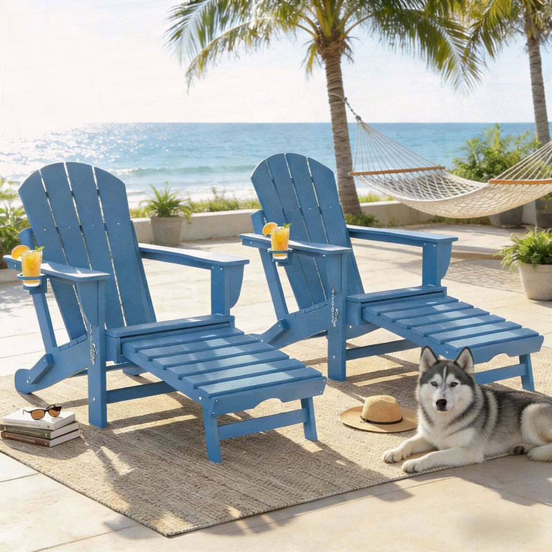 Chaise Adirondack pliante avec repose-pieds caché - PEHD, porte-gobelet et grain de bois réaliste pour patio ou foyer