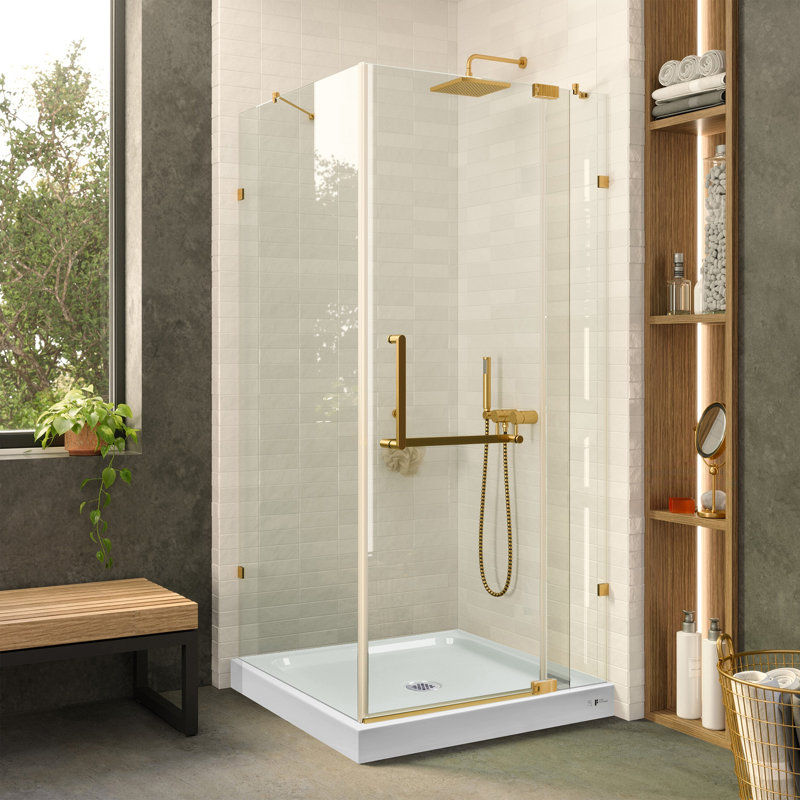 36'' W x 74.25'' H Hinged Frameless Shower Door, Satin Brass