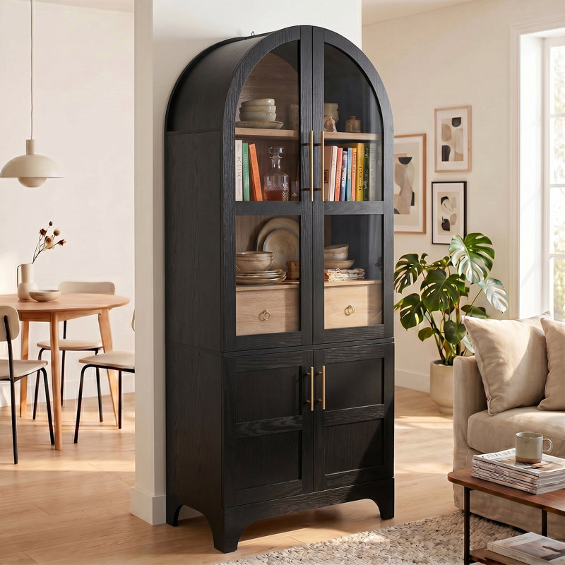Armoire de rangement de 71 po de haut avec porte en verre arquée, armoire de cuisine avec porte, supports de rangement internes, tiroir caché, tablette ouverte et réglable, armoire de cuisine, salle à manger, facile à assembler