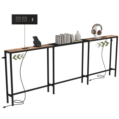Narrow Sofa Table with 2 Power Outlets, 86.6-110.2 Inch Adjustable Length