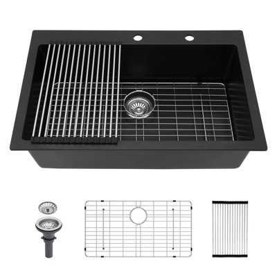 Évier de cuisine en quartz - Évier de cuisine encastré en granite noir 33 x 22 po