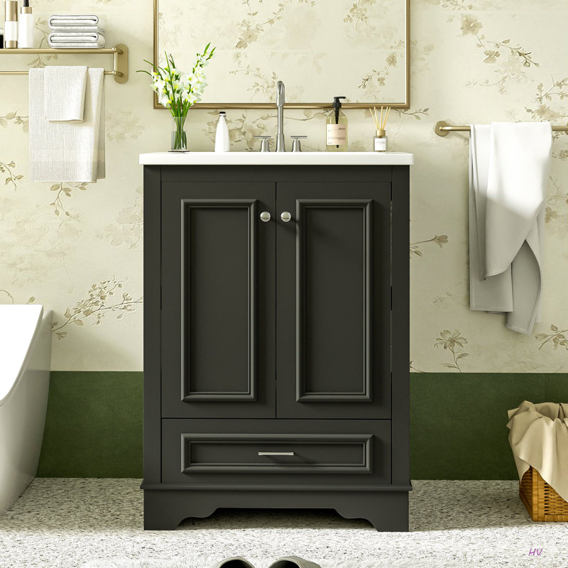 Meuble-lavabo 24 po avec lavabo en céramique, armoire de rangement autoportante moderne avec poignées, portes à fermeture douce