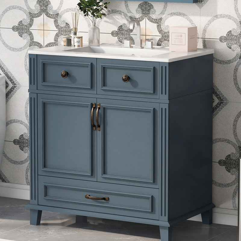 Meuble-lavabo bleu de style rétro de 30 po, structure en bois massif, lavabo en céramique, charnières à fermeture douce, rangement spacieux, motif exquis, glissière à tiroir lisse, glissière brillante, motif à rainure unique