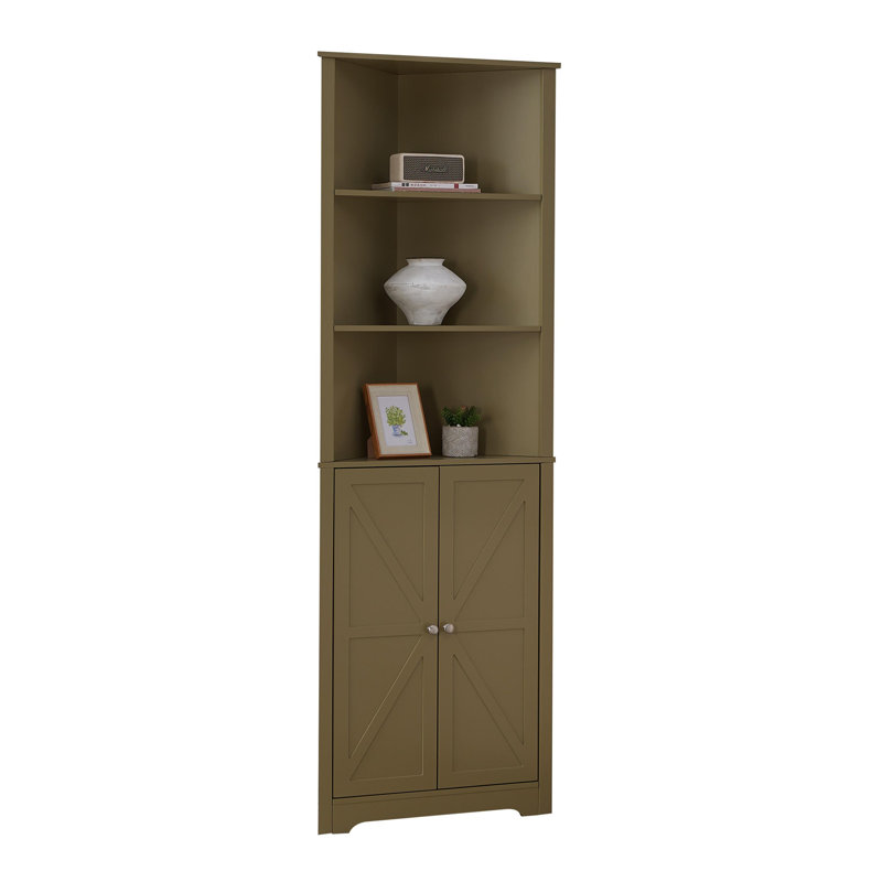 Tall Wooden Corner Cabinet with 2 Doors & 5 Shelves, Freestanding Space-Saving Storage Organizer for Bathroom, Kitchen, Living Room or Office