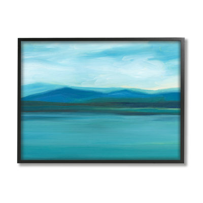 «Cloudy Blue Lake Mountain Scene» par Ethan Harper - peinture sur bois à cadre flottant