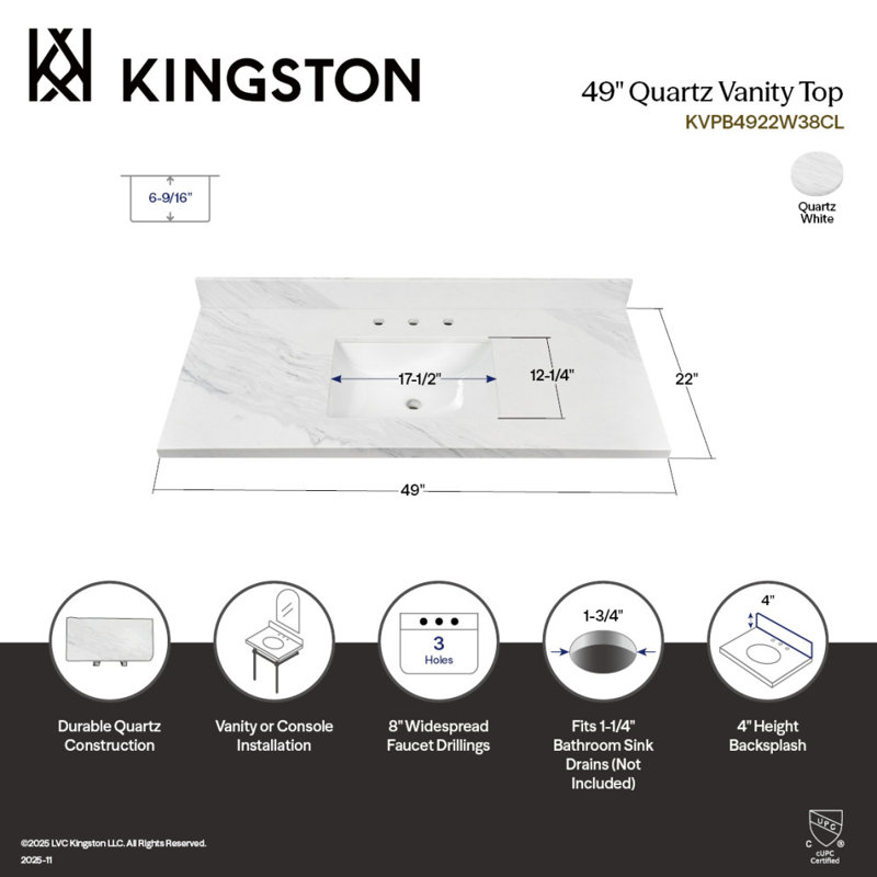 Kingston Brass Mayorca 49-Inch Quartz Vanity Top (8" Faucet Drillings)