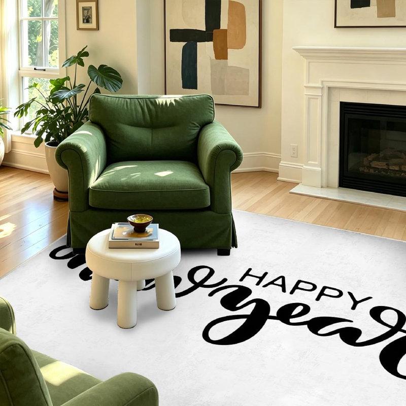 Tapis d'intérieur blanc lavable à la machine, avec inscription « Bonne année » à la main., Rectangle 39 po x 63 po