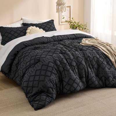 Queen Comforter Set - Black Comforter, Boho Tufted Shabby Chic Bedding Comforter Set, 3 Pieces Vintage Farmhouse Bed Set For All Seasons, Fluffy Soft Bedding Set With 2 Pillow Shams