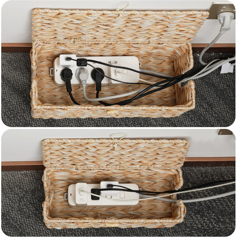 Cable Management Box With Lid, 2 Pack Handwoven Rattan Cord Hider Organizer Boxes, 2 Side Open Slots Storage Box To Hide Cords And Power Strip For Desk, Floor, Office