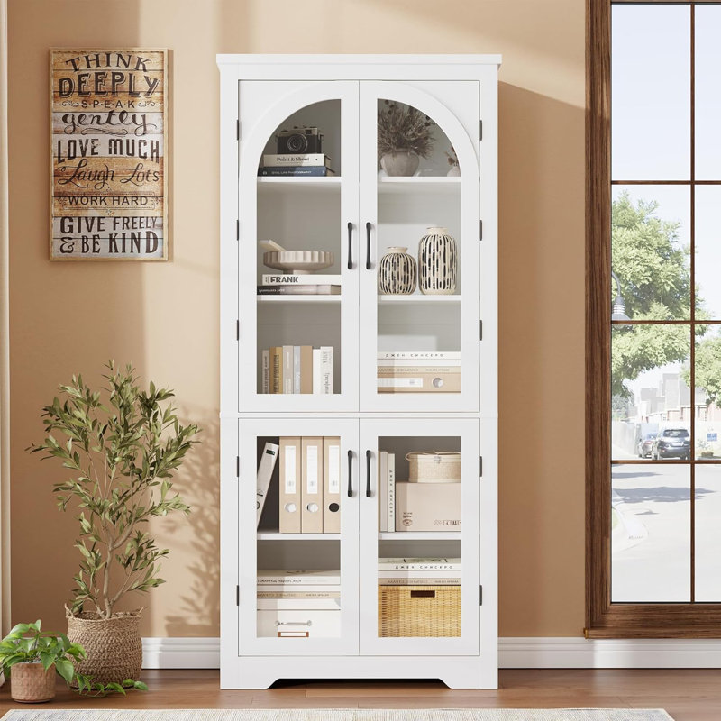 70 po - Armoire de rangement pour garde-manger 70 po - Présentoir moderne avec 4 portes en verre arquées et tablettes réglables, organisateurs de placard polyvalents pour la cuisine, la salle à manger, le salon, blanc