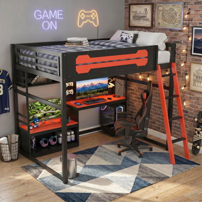 Full Size Wood Loft Bed With Desk, Shelves, LED Lights, USB Ports And Pegboard｜Customizable Pegboard Organizer｜Integrated LED Lights & USB Charging Ports｜Sturdy & Durable Solid Wood Construction