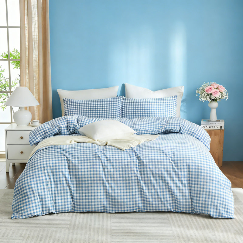 Ensemble de housse de couette en vichy à carreaux 100% coton lavé Life, Housse de couette grand + 2 taies d'oreiller