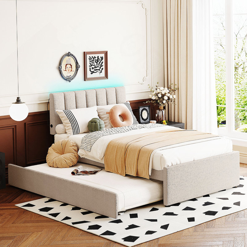 Lit plateforme tapissier avec lit gigogne Teddy, Simple