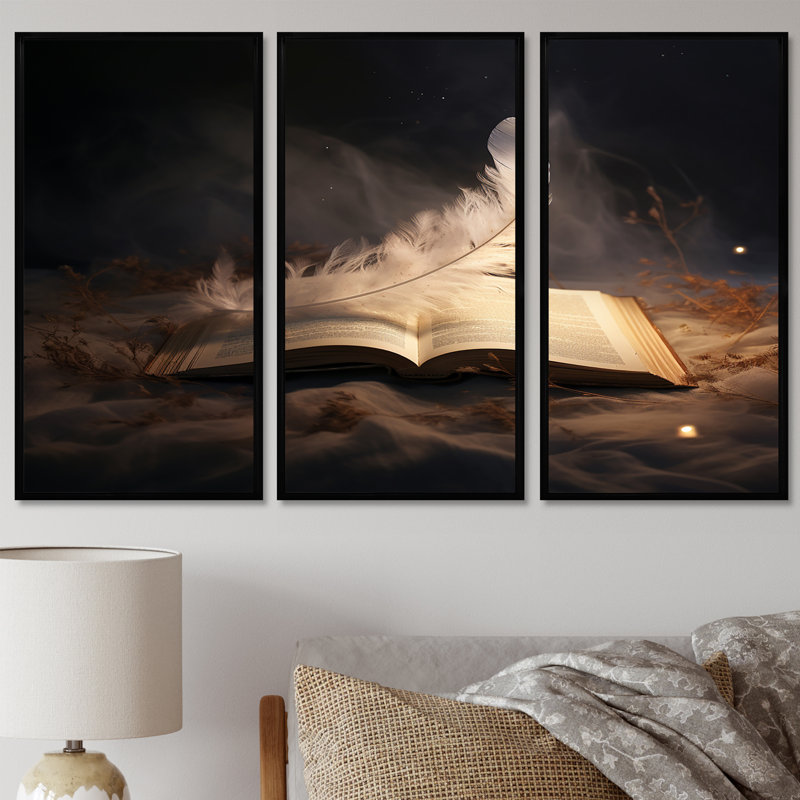 Thildi - Ensemble d'art mural plumes, H 28 po x l 36 po x P 1 po, Cadre flottant noir