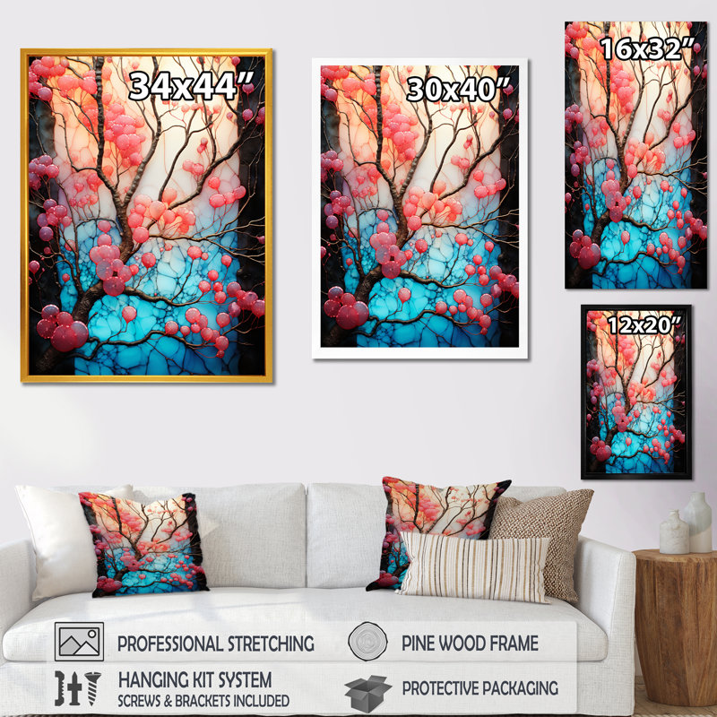 Arbre de découverte bleu et rose - Art mural floral, Cadre flottant doré, H 20 po x l 12 po