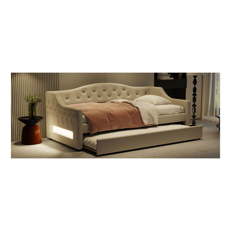 Upholstered Daybed with LED Belt and Trundle, Beige