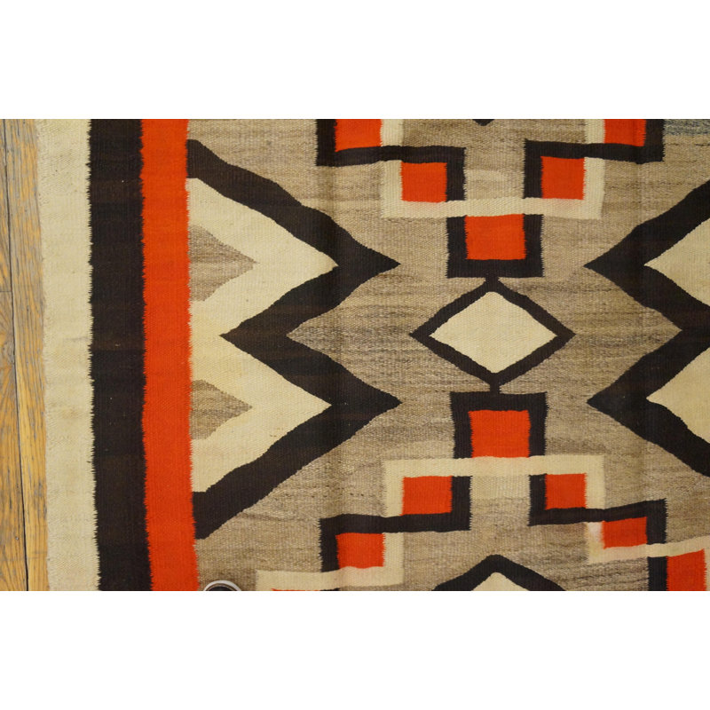 1930s Grey Black Red Antique American Navajo Carpet 4' x 5'8" Flatwoven Wool Rug