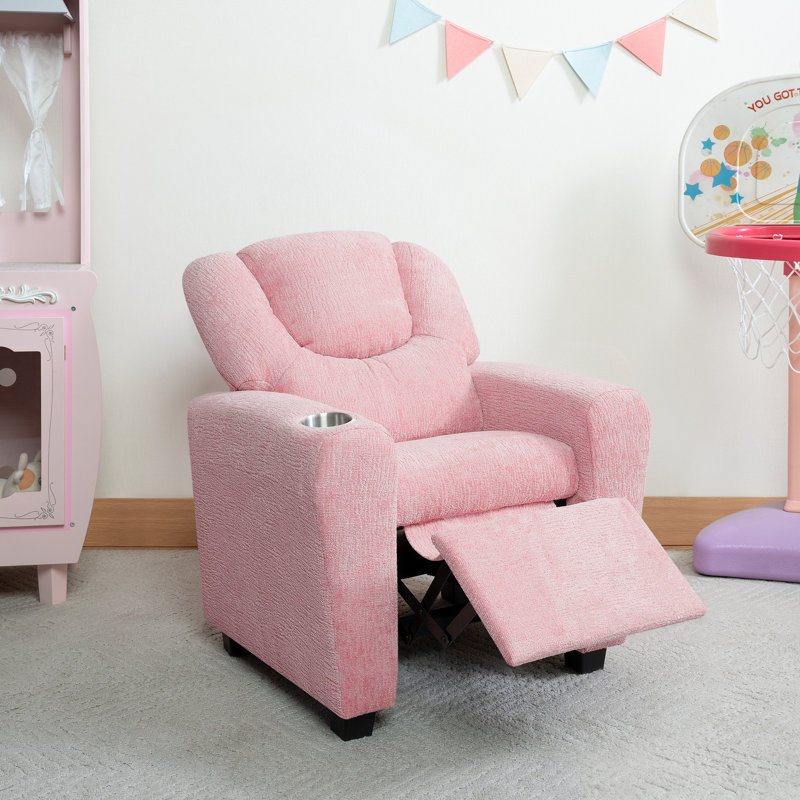 Roomy Kids' Recliner Chair with Cup Holder, Toddler Recliner With Push-Back Design, and Adjustable Footrest, Pink Chenille