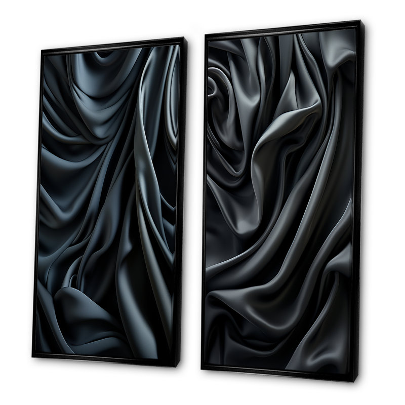 «Silk Fractal Noir Curves I», ensemble de 2 reproductions d'art sur toile abstraites, H 32 po x l 33 po, Cadre flottant noir