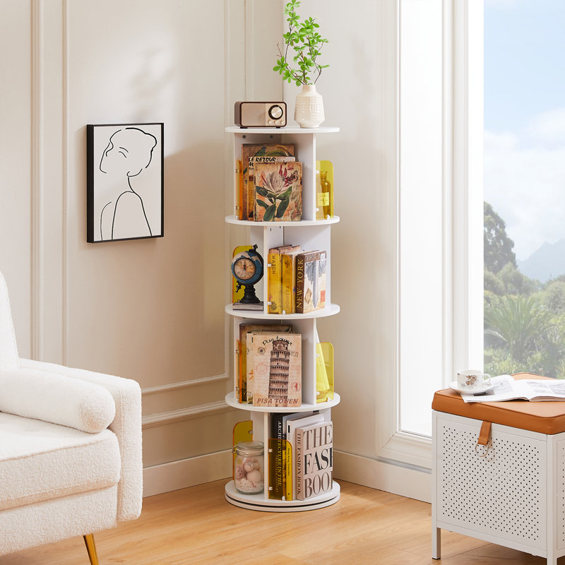 Jadeyn Rotating Bookshelf 4 Tier 360° Revolving Floor Standing Bookcase Corner Organizer Display, White