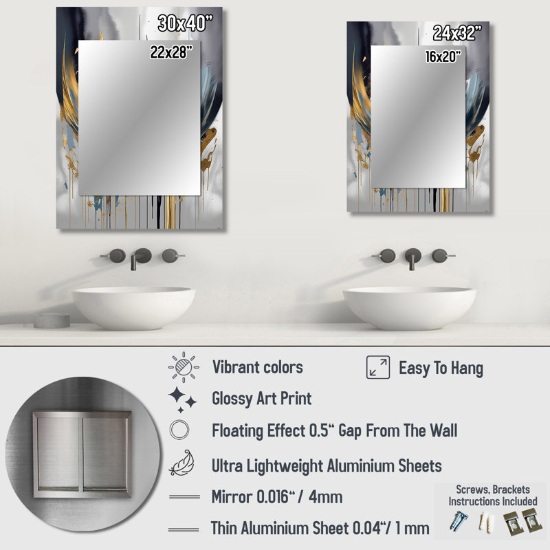 Shapes And Lines Abstract Marble III - Marble Unique Wall Mirror, Gold Mirror, Printed Metal Art, 40" x 30"