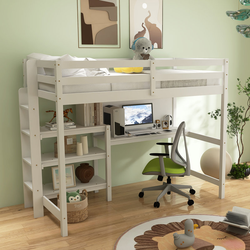 Lit mezzanine double en bois, Blanc
