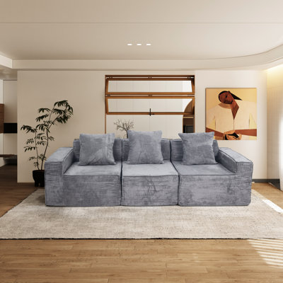 Lit convertible de plancher avec dossier coussiné, futon confortable pour le salon, gris, velours côtelé, siège à 3 places, design américain, fermeté moyenne, lavable à la machine, support pour dossier et accoudoirs standard 100