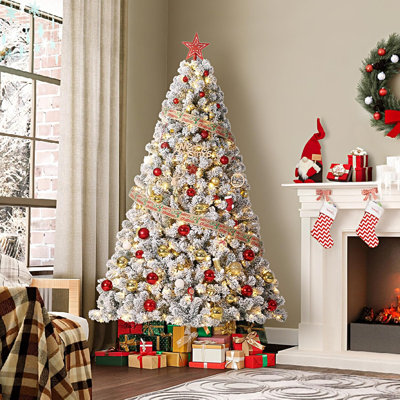 7.5Ft Flocked Artificial Christmas Tree with Warm White Lights, Realistic Snowy Branches, Metal Hinges & Foldable Stand for Home or Office Holiday Décor