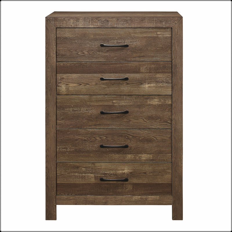 Commode rustique à 5 tiroirs avec quincaillerie en métal noir, solution de rangement durable et élégante pour la chambre à coucher