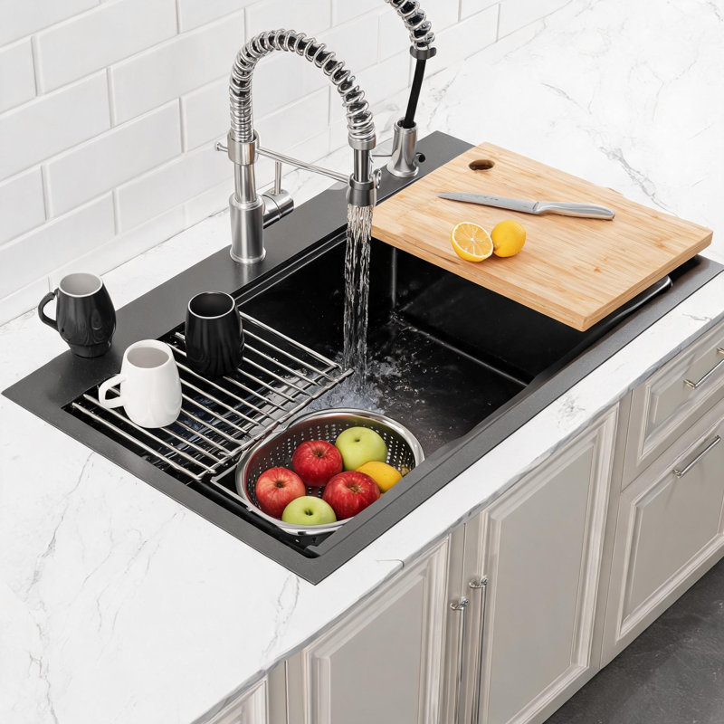 Évier de cuisine à encastrer à cuve en acier inoxydable noir de 84 cm x 56 cm avec planche à découper, passoire et grille.