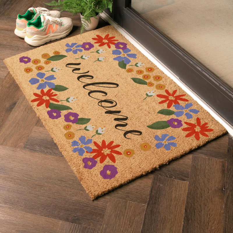 Welcome Floral Border Coir Doormat, 60cm W x 90cm L