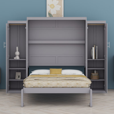 Lit escamotable en bois avec 2 garde-robe et tablette de rangement